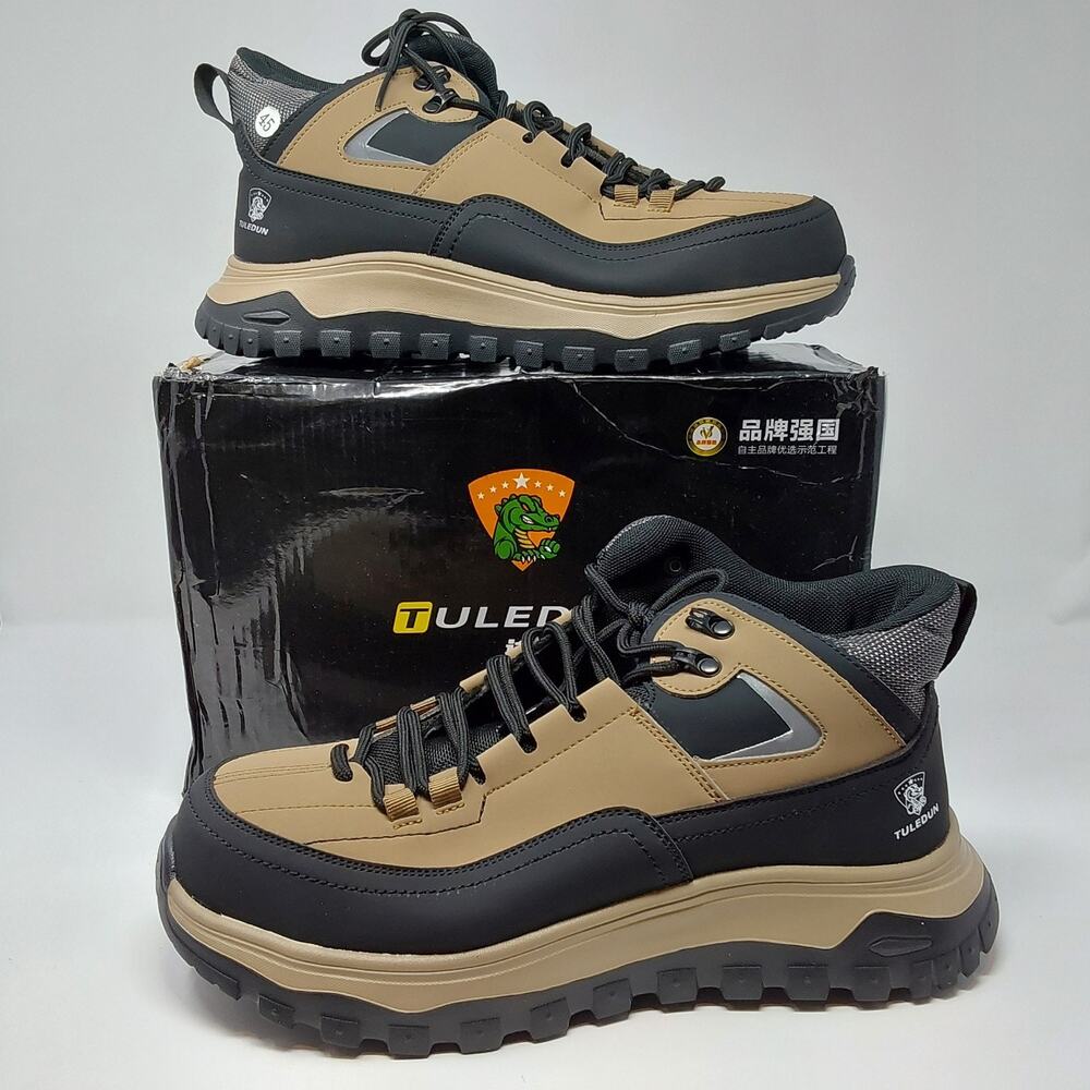 Tuledun T09 Safety Work Shoes Men EU 45 Black Khaki Steel Toe Hiking Boots NIB
